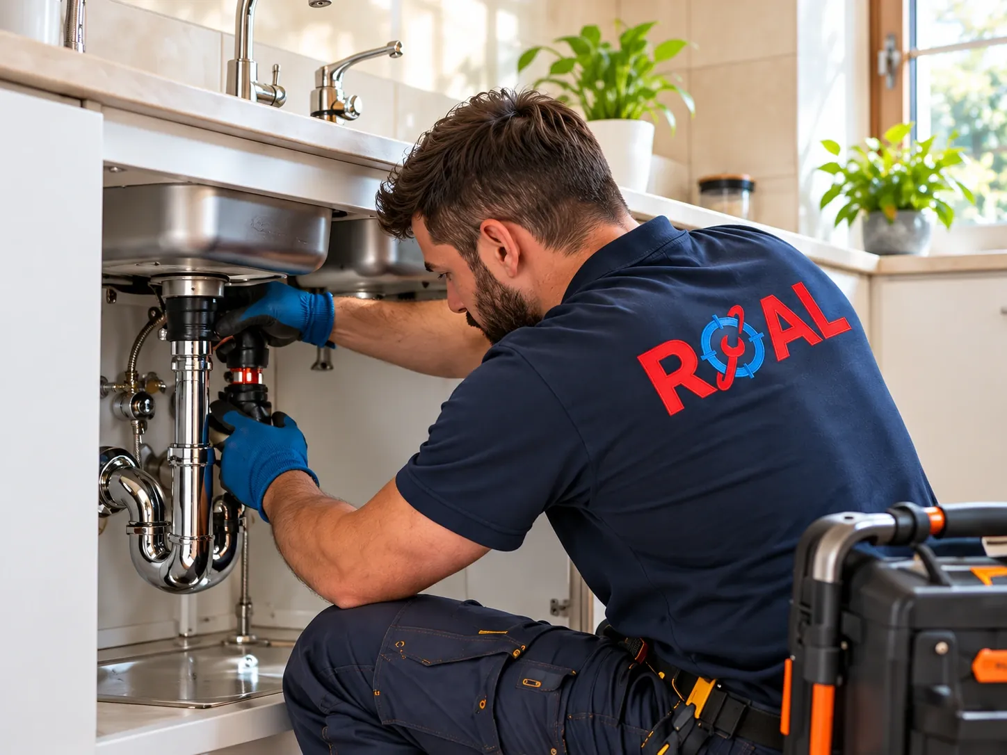 Técnico de ROAL trabajando en la instalación de un fregadero