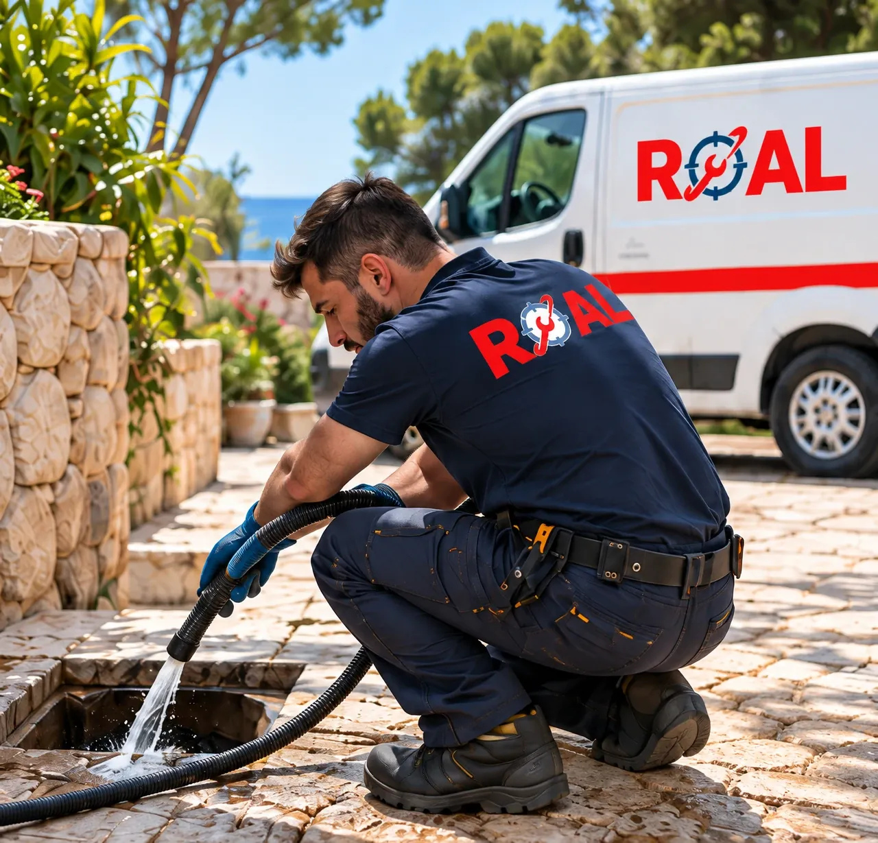Profesional de ROAL realizando un desatasco en el exterior de una vivienda